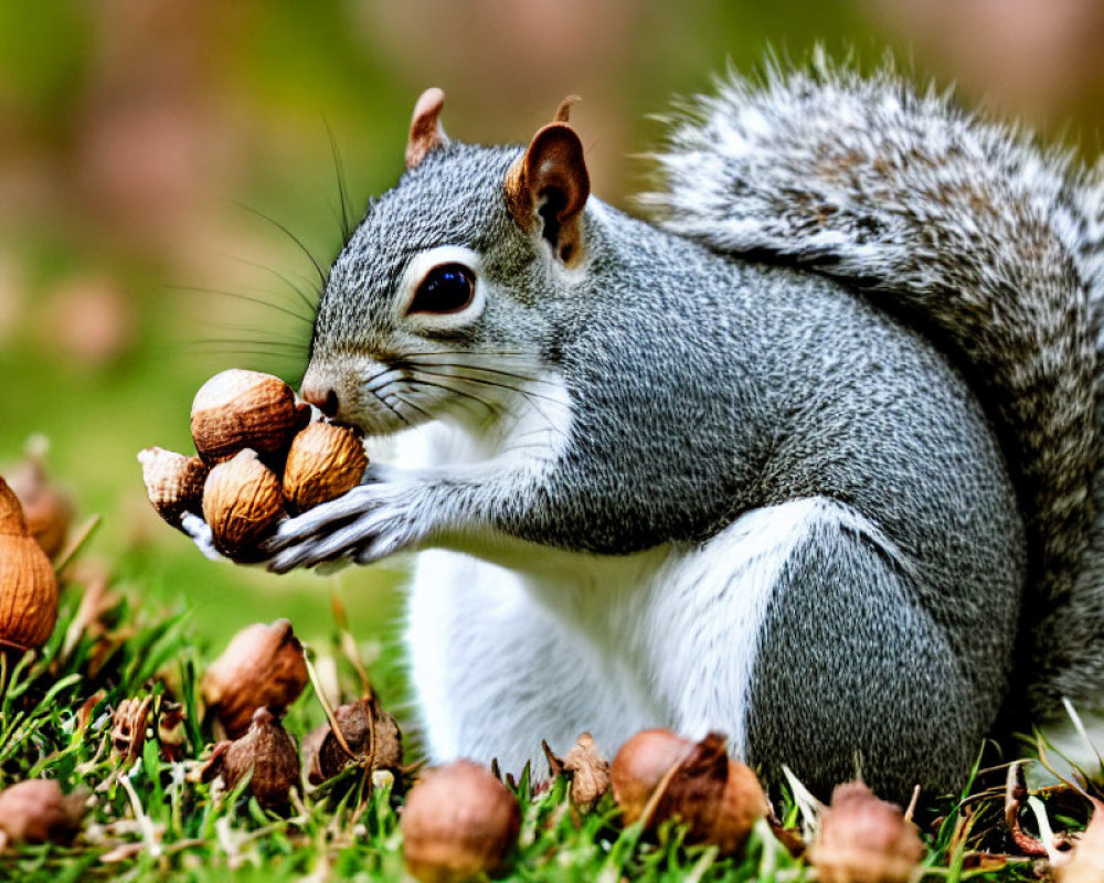 Squirrel with nut surrounded by scattered nuts on grass