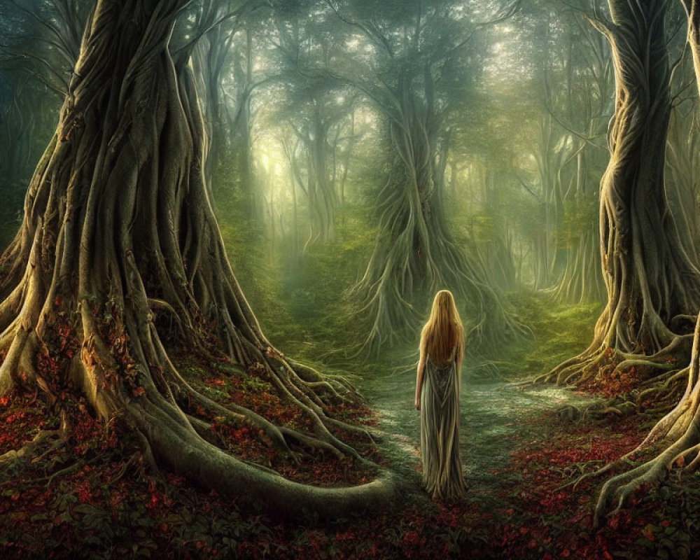 Blonde woman in misty forest with large trees