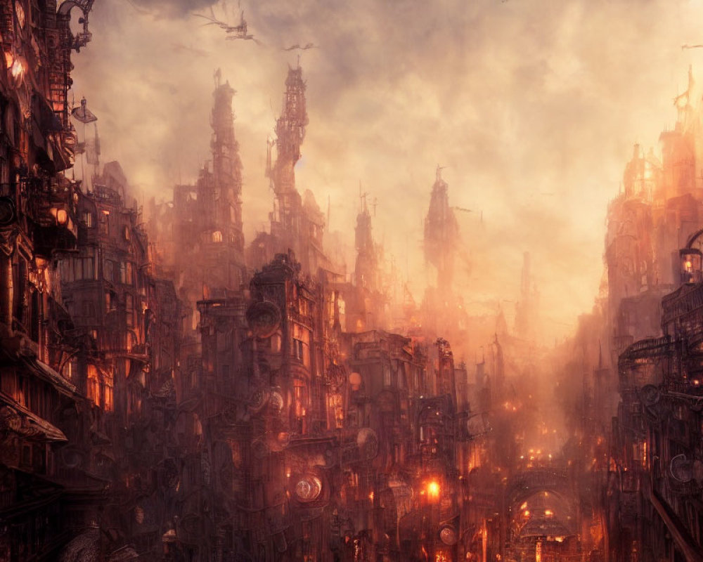 Dystopian cityscape with gothic architecture and glowing lamps