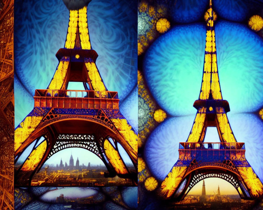 Colorful Eiffel Tower Artwork with Kaleidoscopic Backgrounds