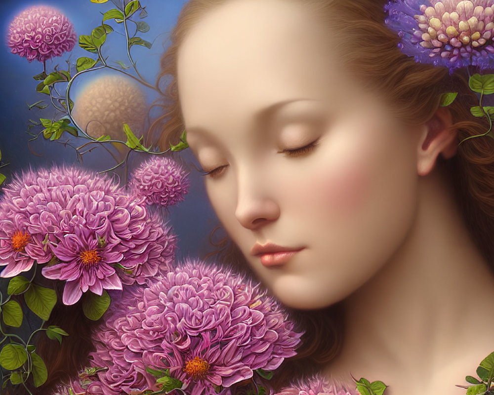Woman with Closed Eyes Surrounded by Purple Flowers and Green Leaves