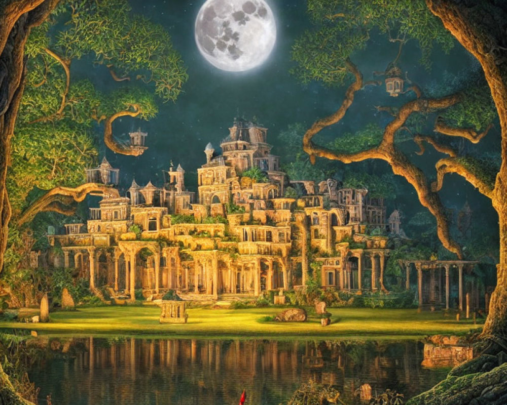 Fantastical palace in moonlit forest with calm lake