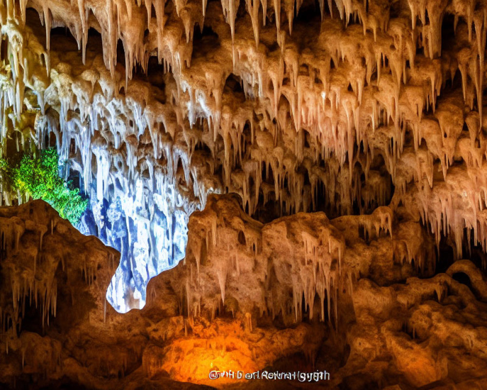 Majestic cave with stalactites and lighting transitions