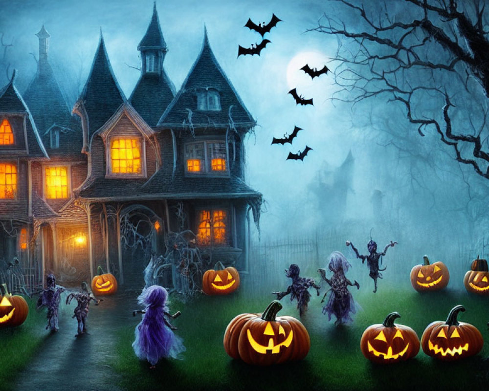 Spooky Halloween Scene with Haunted House & Ghosts