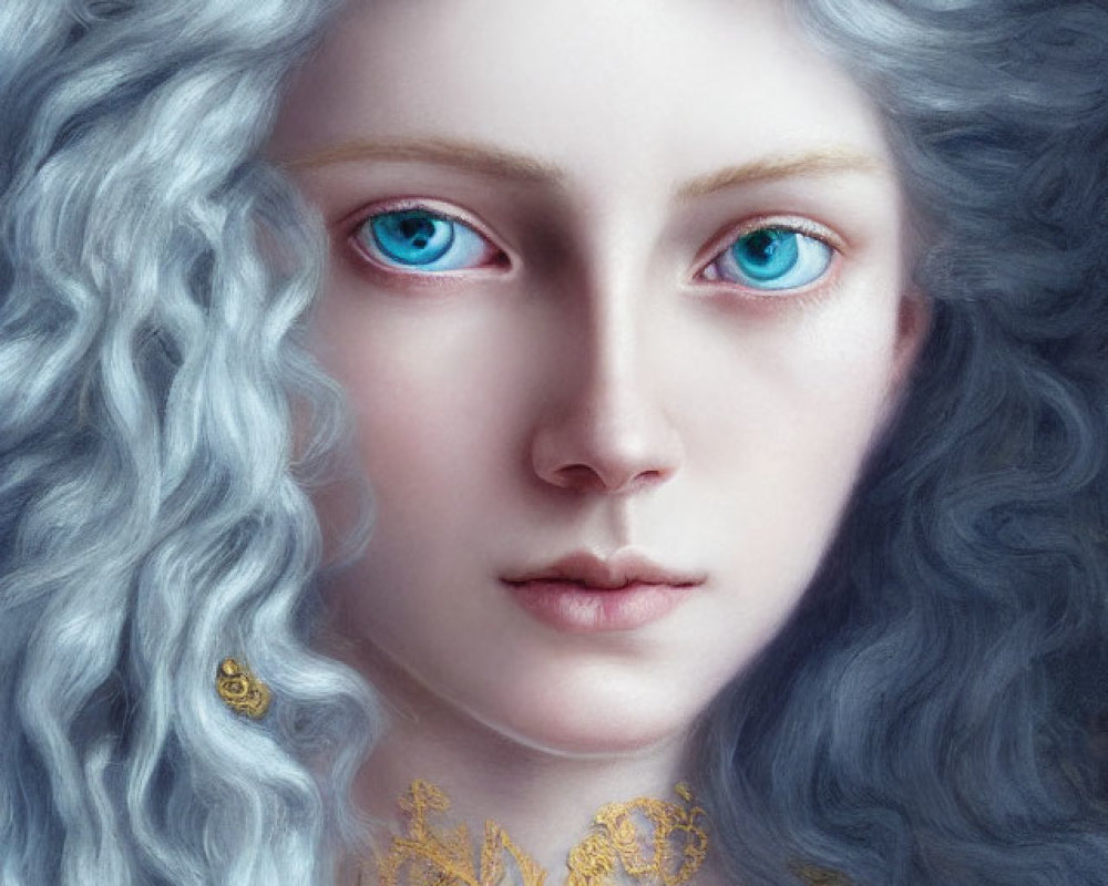 Digital Artwork: Woman with Pale Skin, Blue Eyes, Grey Hair, Floral Headband, Gold