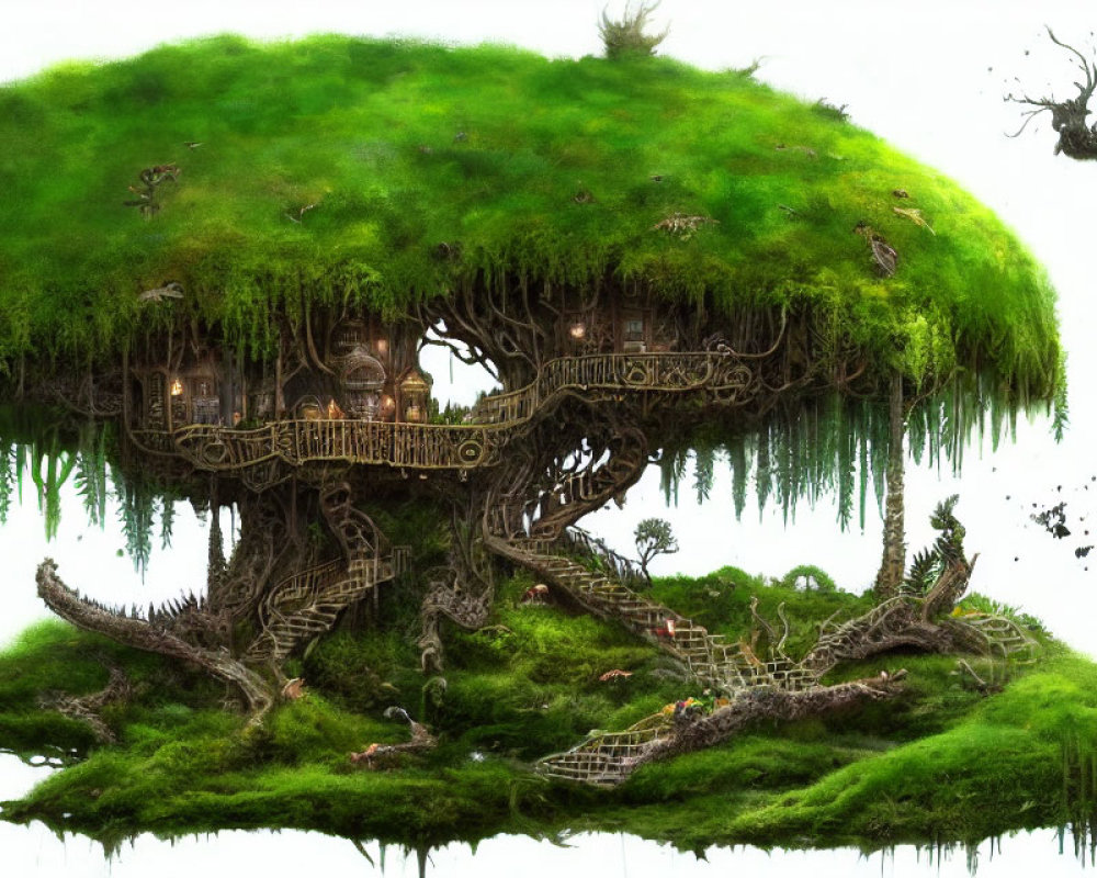 Fantasy treehouse illustration in lush tree with hanging gardens