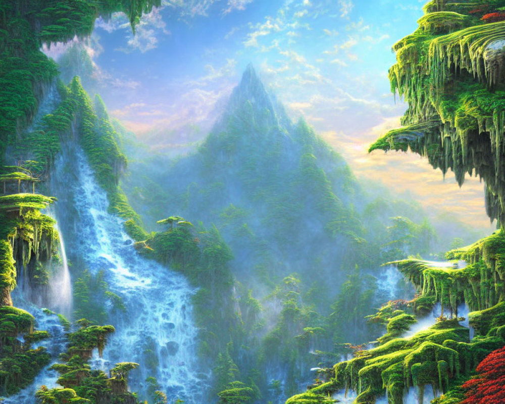 Fantasy landscape with waterfalls, cliffs, and vibrant flora