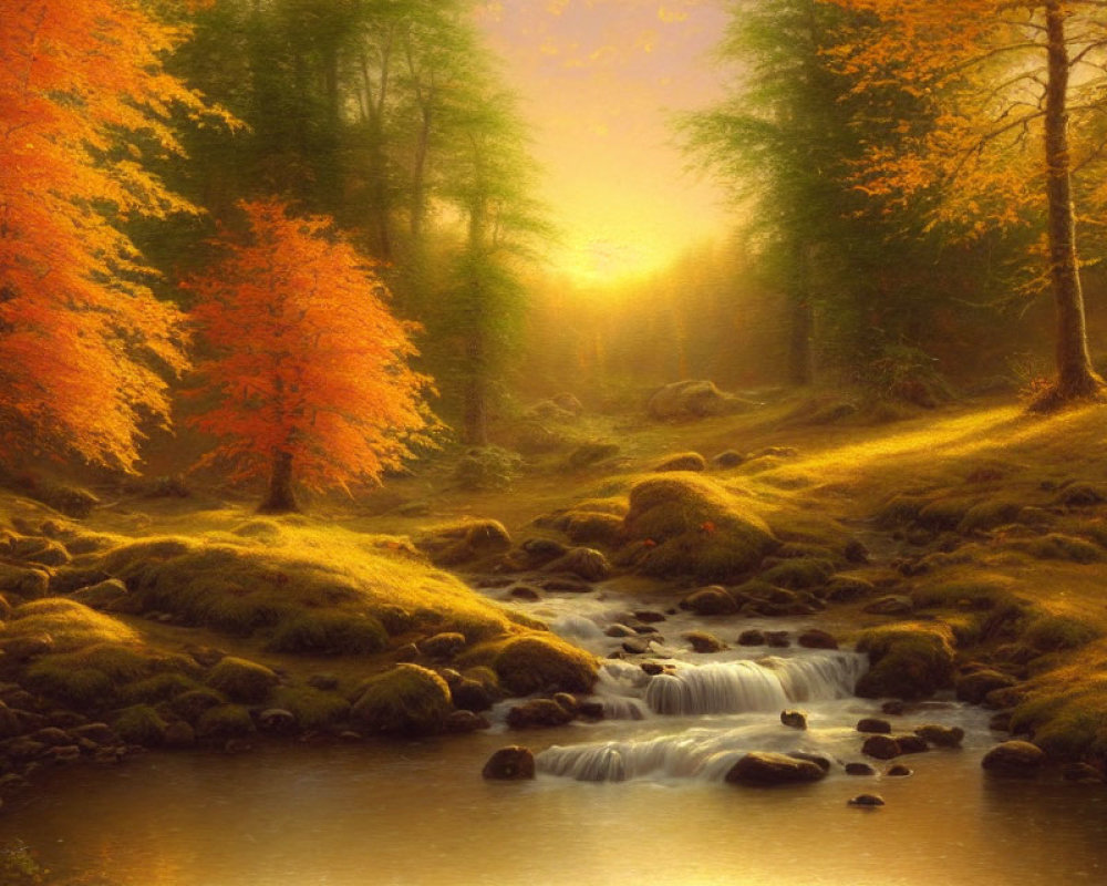 Golden sunlight on serene autumn forest with babbling brook