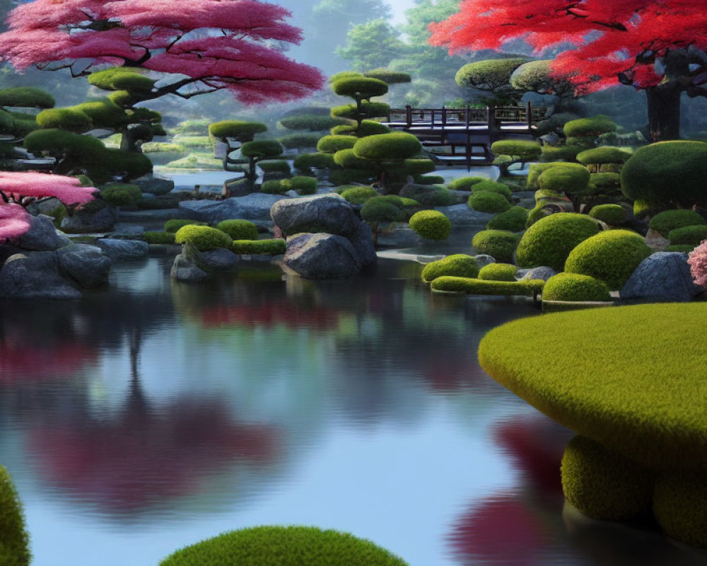 Tranquil Japanese garden with pink trees, pond, and wooden bridge