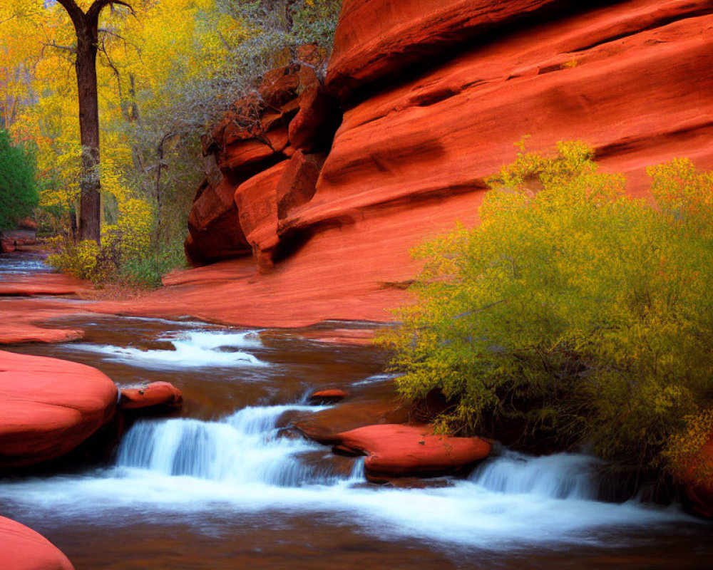 Tranquil stream in vibrant autumn landscape with red rocks and colorful trees
