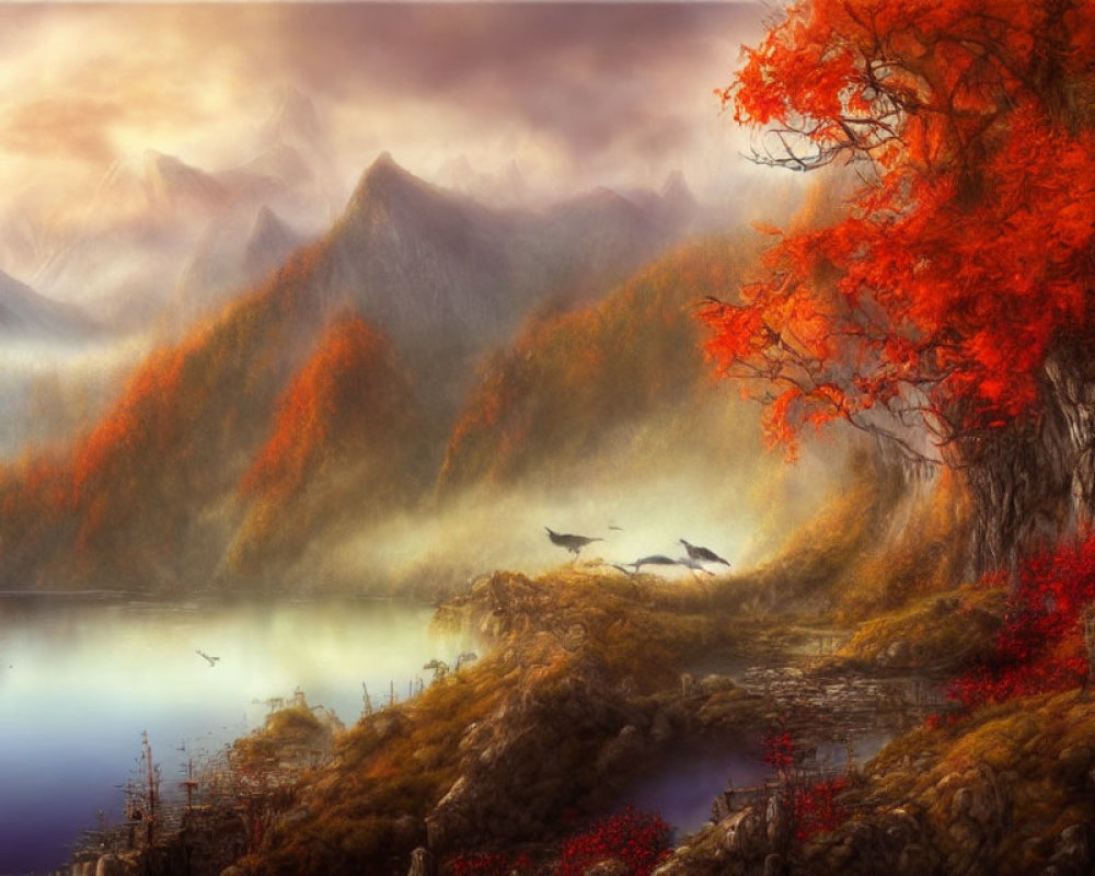 Tranquil autumn lake with mist, red foliage, cranes, and mountains