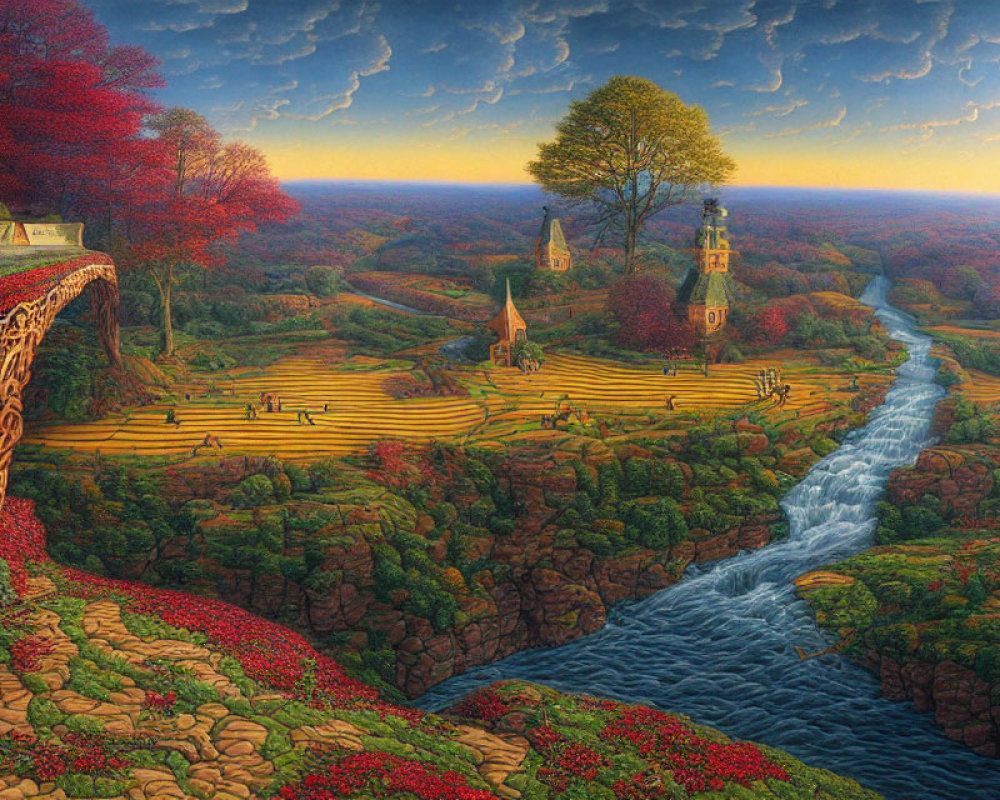 Colorful Fantasy Landscape with River, Forest, Towers, Bridge, and Patterned Sky