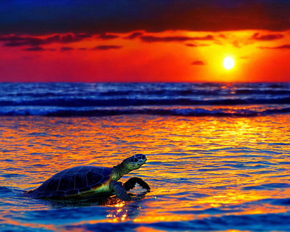Sea turtle entering water at sunset with vibrant orange and blue sky