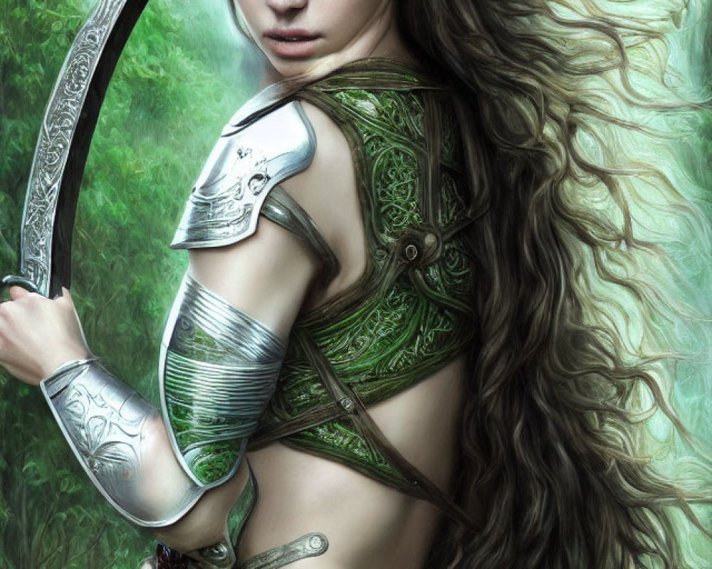 Warrior woman with crescent blade in green armor in mystical forest