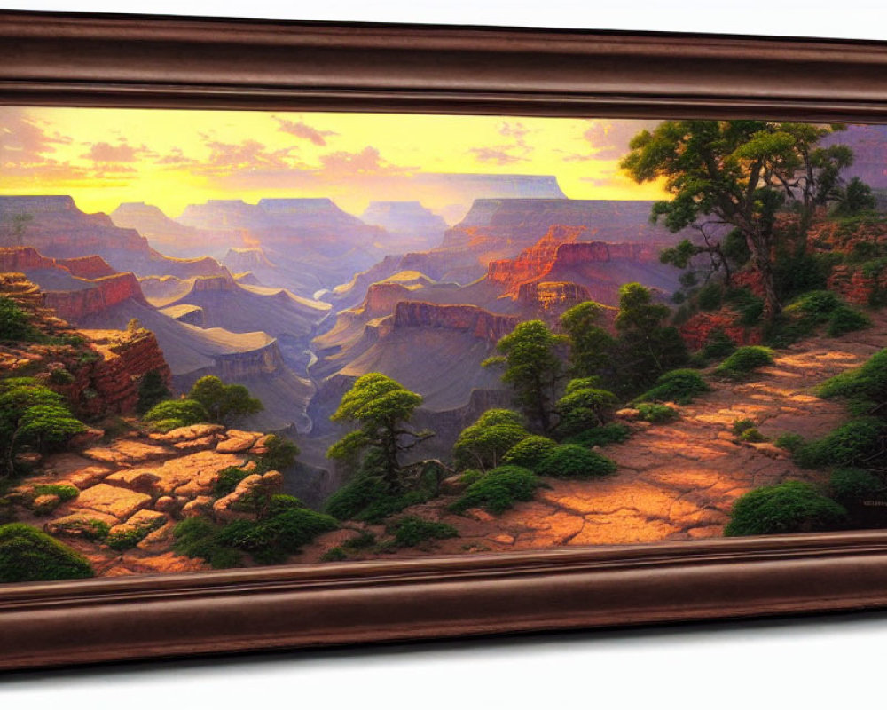 Framed painting of canyon at sunset with river and red rock formations