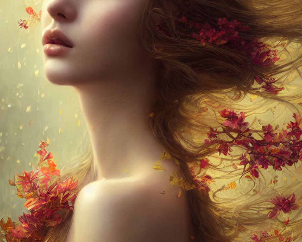 Portrait of woman with golden hair and autumn leaves against glowing backdrop