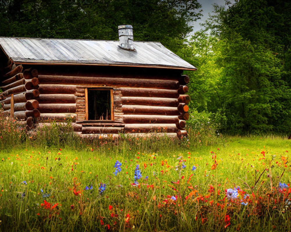 Rustic log cabin with metal roof in wildflower meadow