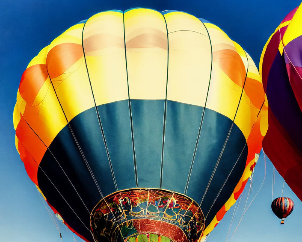 Vibrant hot air balloons in blue sky scene