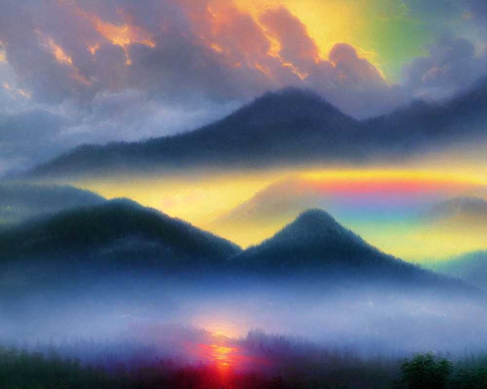 Vibrant rainbow over colorful sunset clouds and misty mountains.