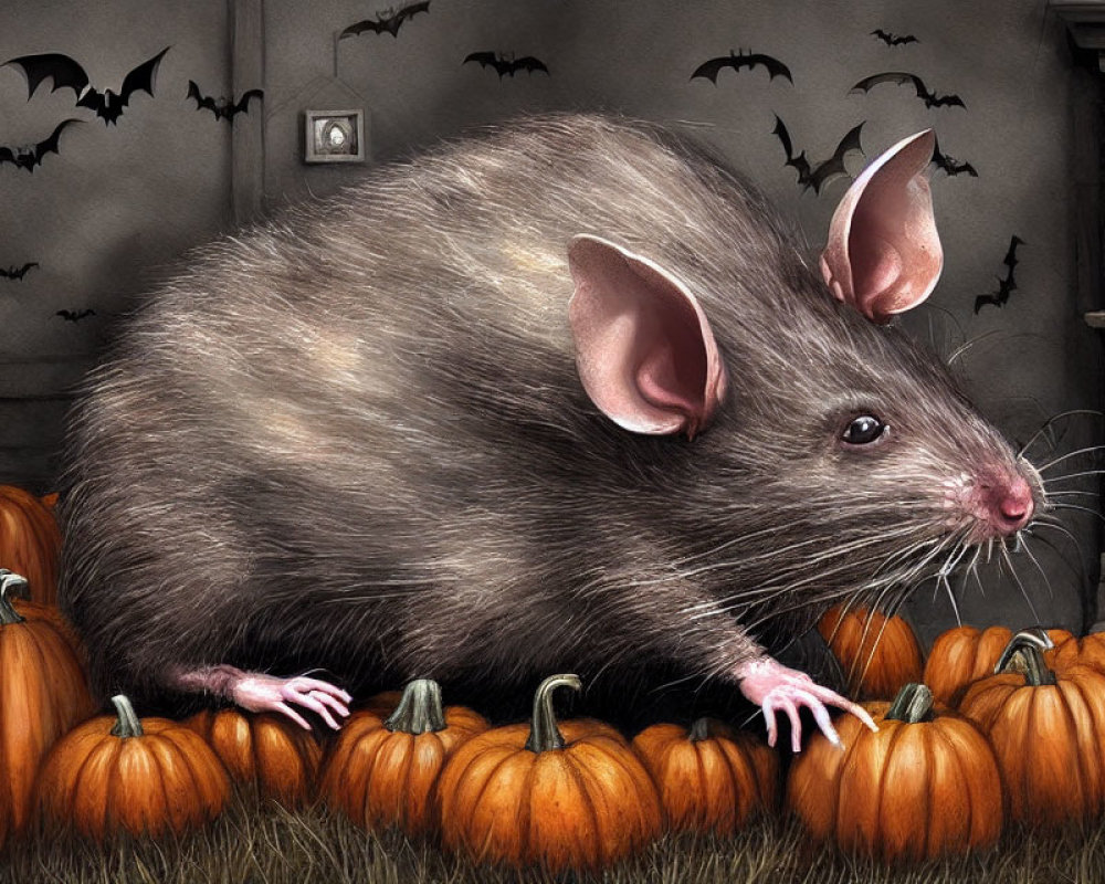 Illustrated Rat Among Orange Pumpkins and Flying Bats in Spooky Room