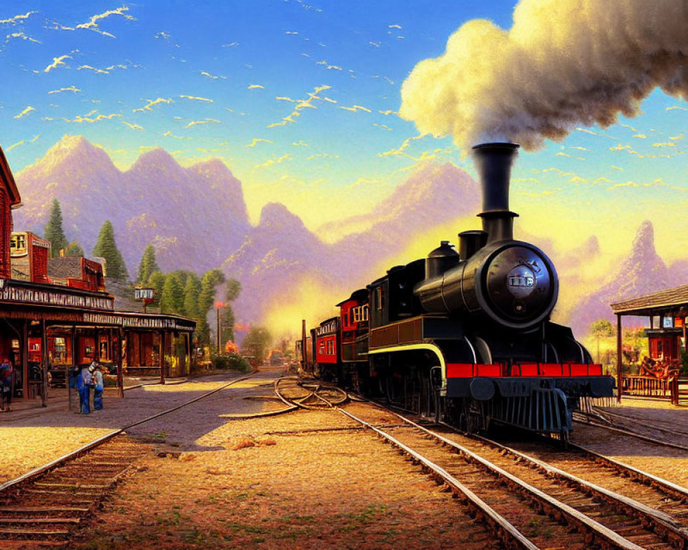 Vintage steam locomotive at bustling station with mountain backdrop