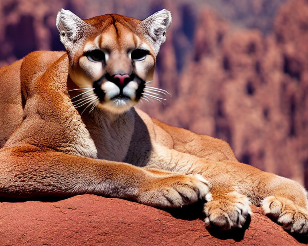 Majestic puma resting on rocky outcrop against red background
