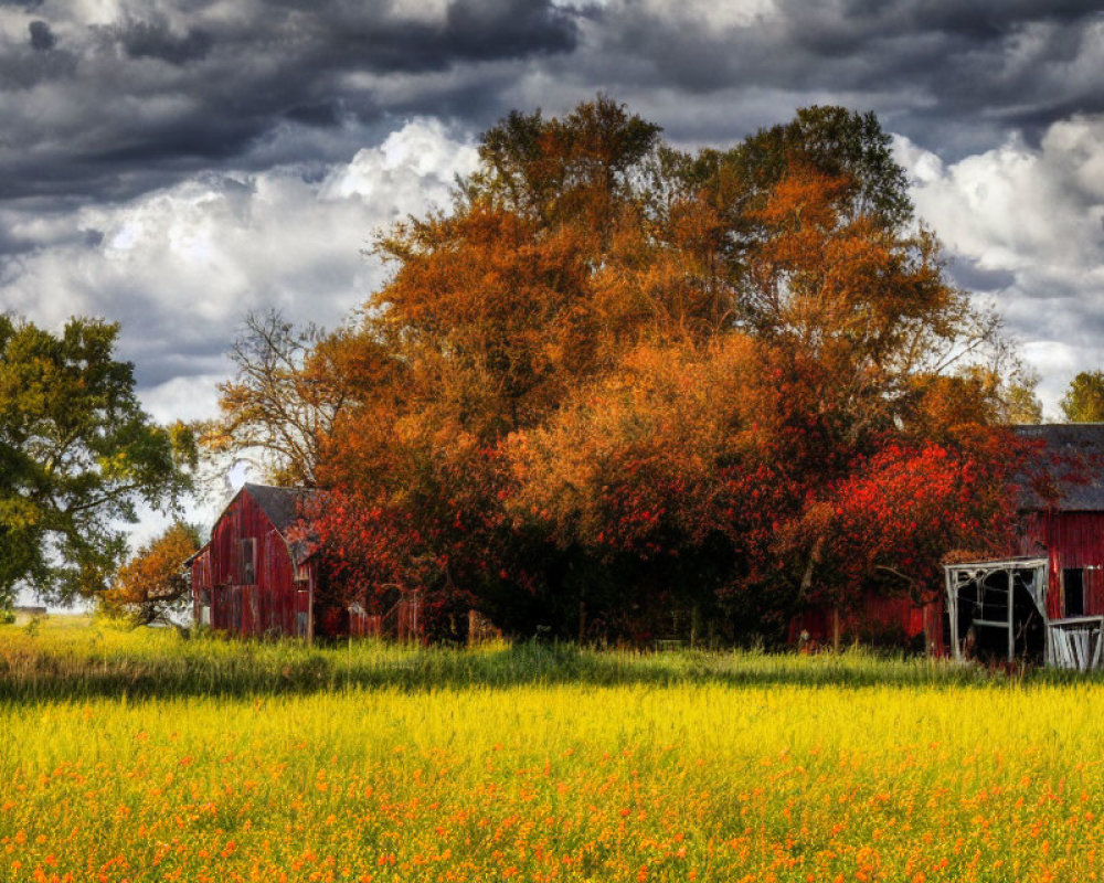 Rustic red barns, autumn trees, cloudy sky, yellow flower field