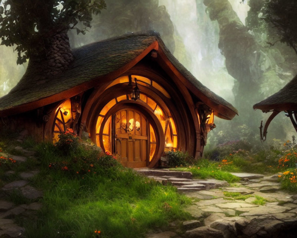 Enchanting Cottage with Round Door in Mystical Forest Glade