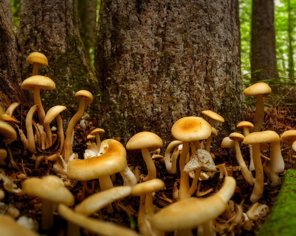 Wild mushrooms cluster at tree base in dense forest landscape