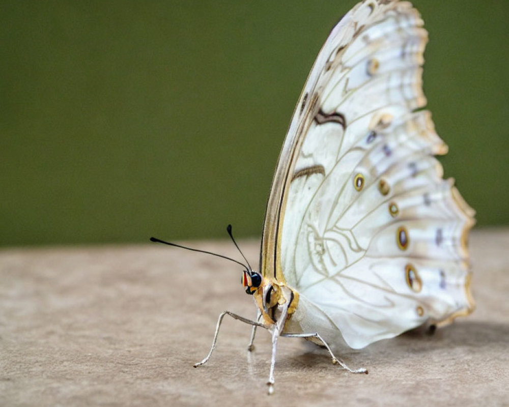 White Butterfly with Brown and Lilac Wing Patterns Perched on Green Surface