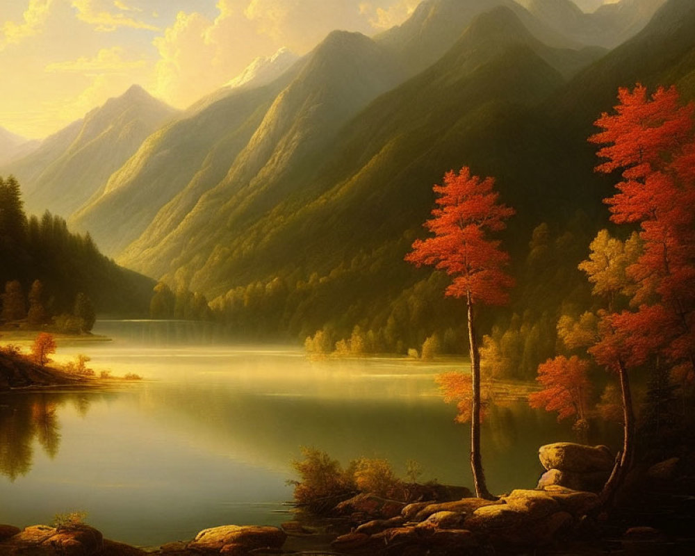 Tranquil sunset over colorful autumn lake forest