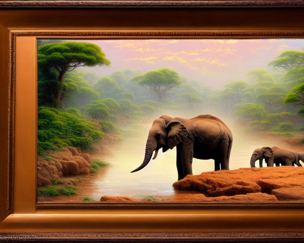 Elephant and Calf in Savanna Painting with Green Trees and Waterhole