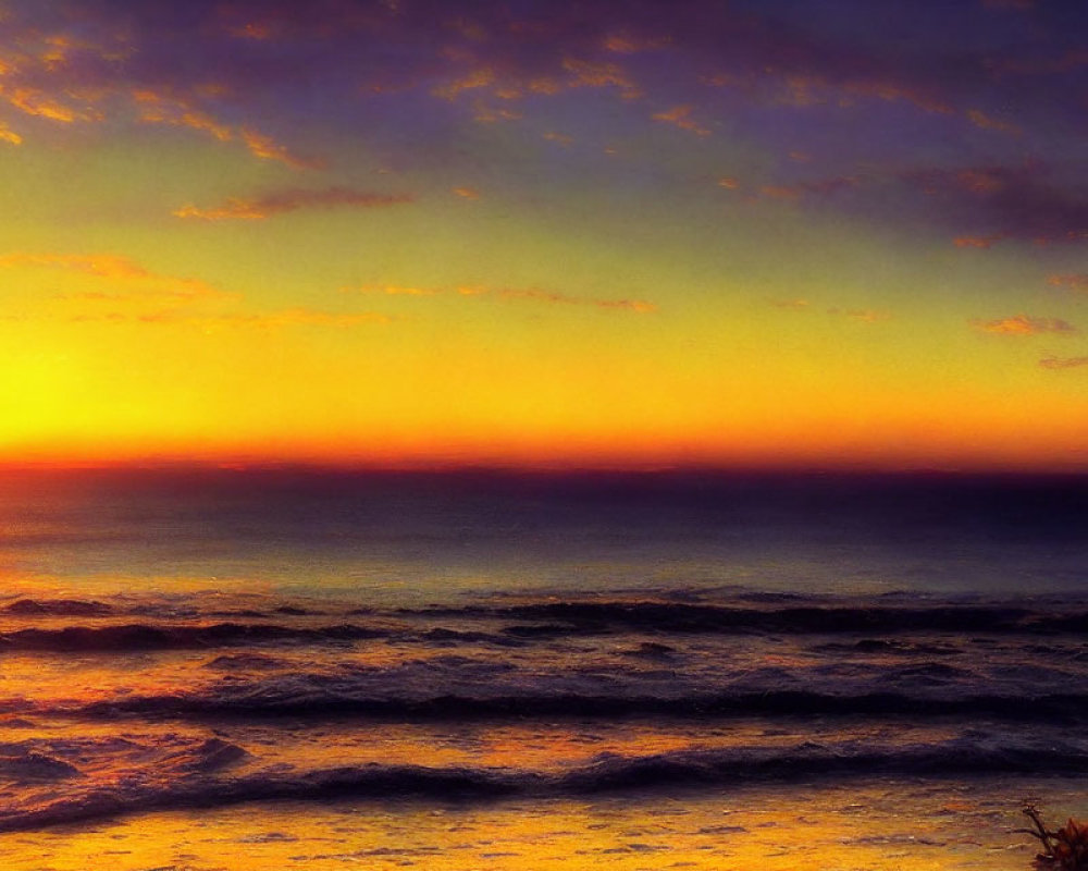 Colorful Ocean Sunset with Yellow to Purple Sky and Dark Foliage