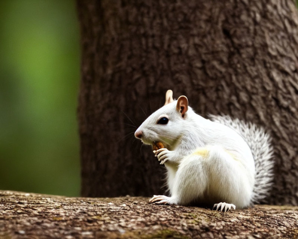 White squirrel with dark eyes eating on tree base in green background