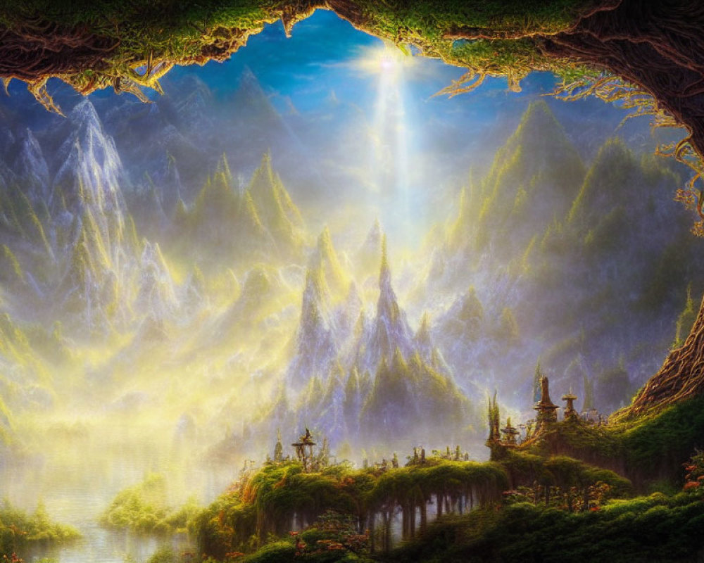 Ethereal fantasy landscape with sunbeams, mist, forests, mountains, and tree-root arch