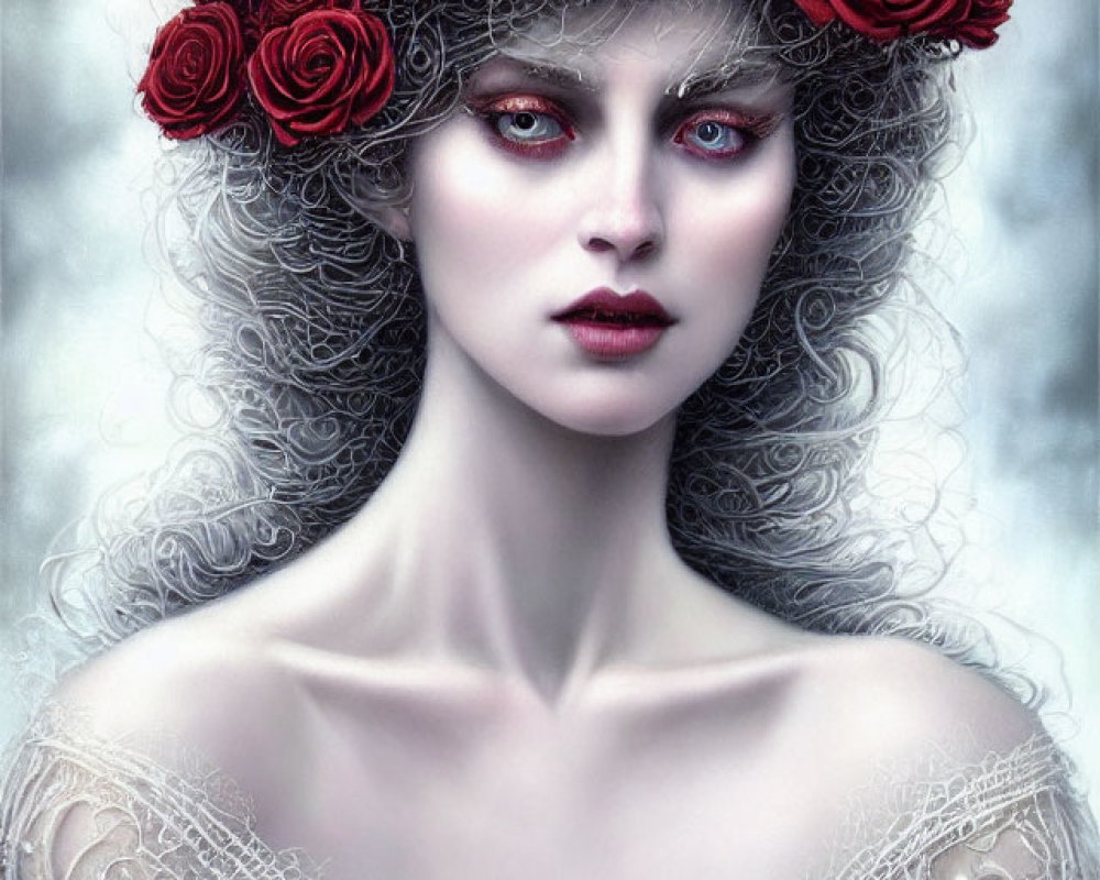Portrait of woman with pale skin, red eyes, and rose crown on cloudy backdrop
