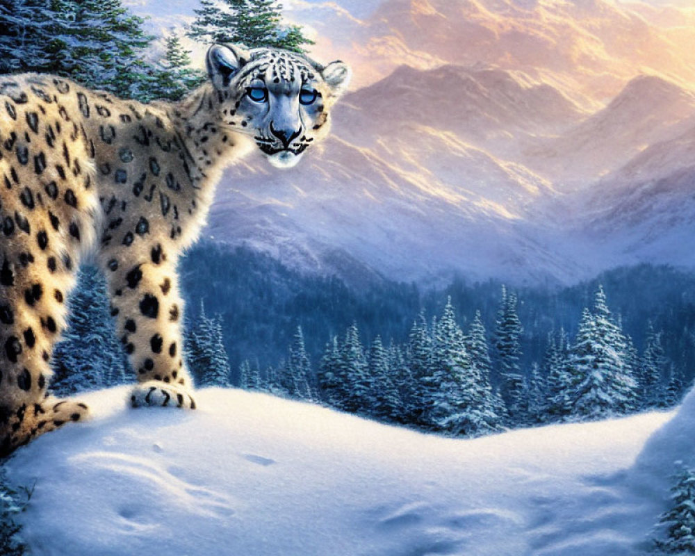Snow leopard in snowy habitat with mountains and pine forests