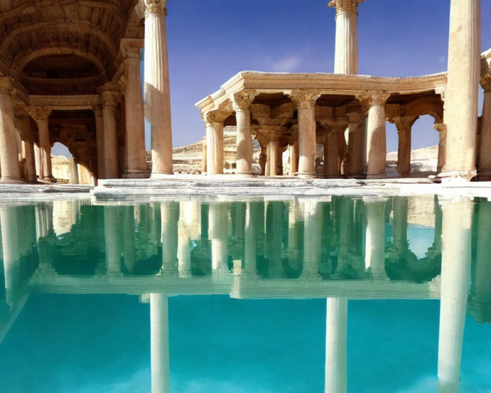 Ancient Roman columns and arches reflected in pool under clear blue sky