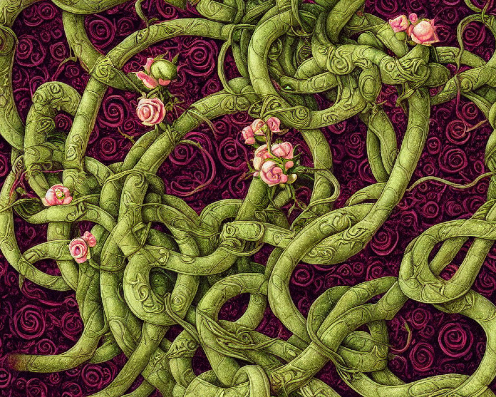 Detailed green vine and pink flower illustration on textured dark background.