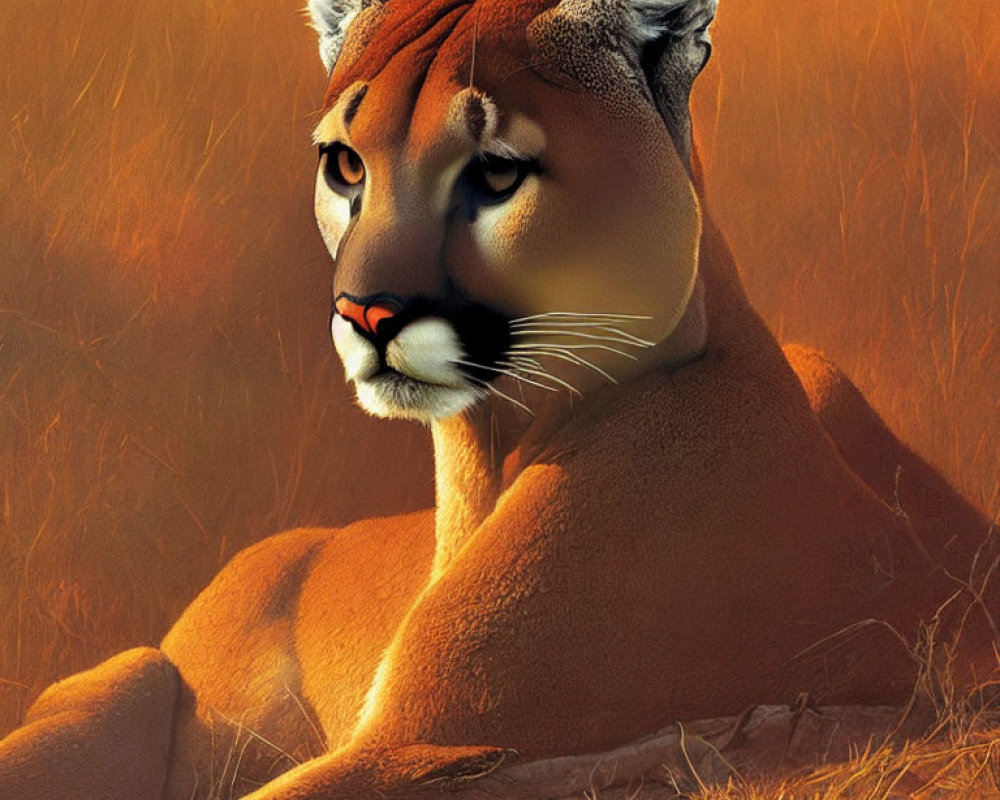 Mountain Lion with Human-Like Facial Features in Warm Sunset Background