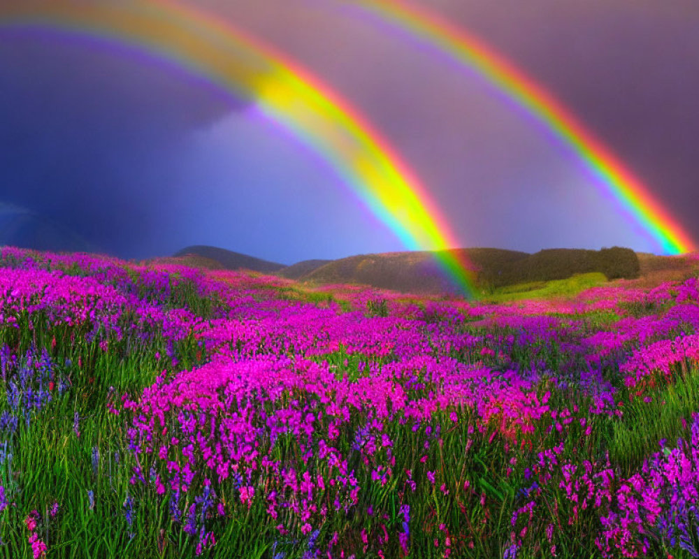 Double rainbow over purple wildflowers and green hills under dramatic sky