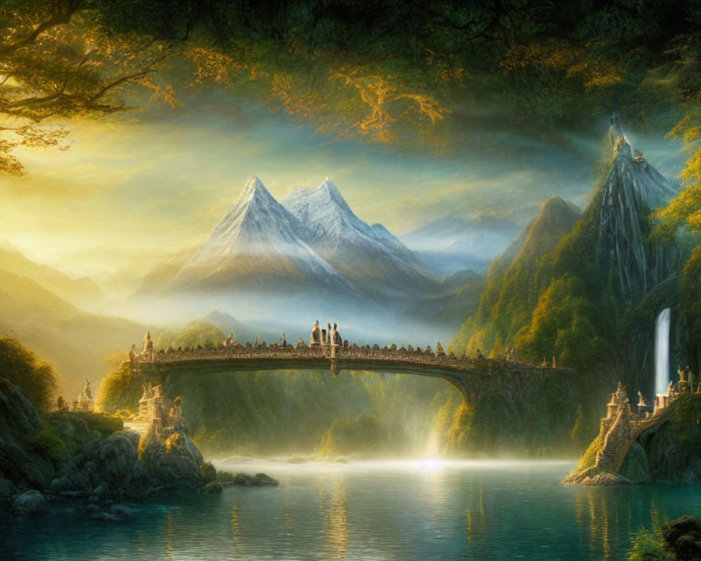 Tranquil landscape with stone bridge over lake and mountains