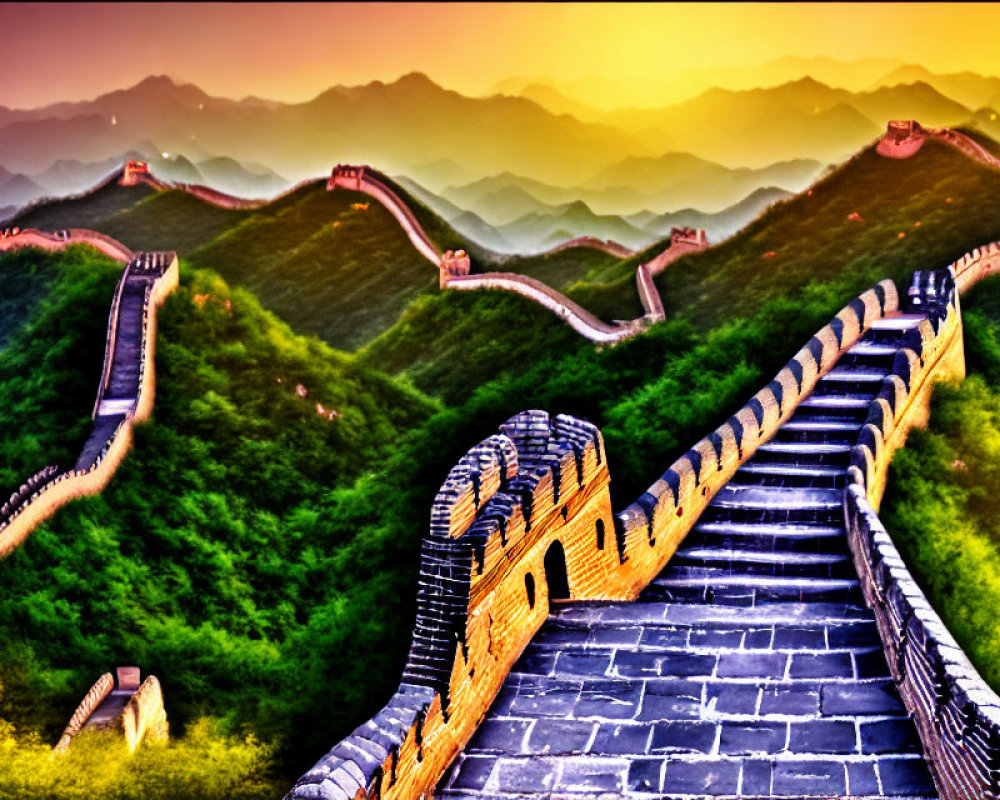 Scenic photo: Colorful Great Wall of China at sunset