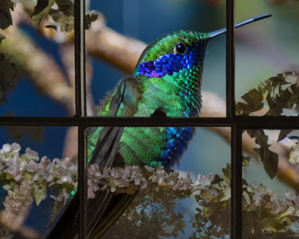 Colorful hummingbird and flowers outside window with grid in blue and green hues.
