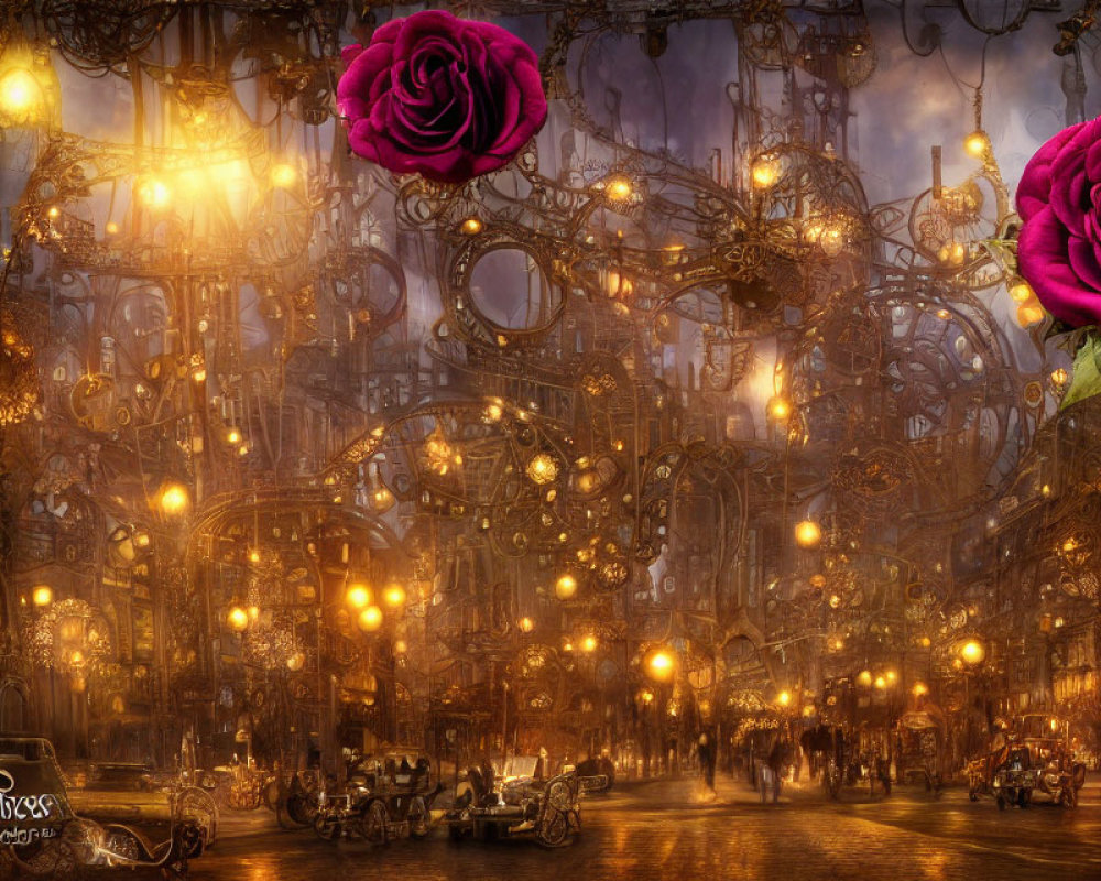 Intricate Steampunk Street with Metal Arches, Glowing Lamps, Roses, and