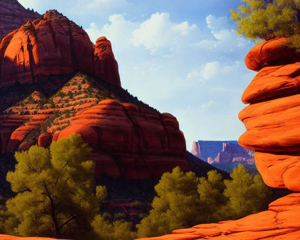 Vivid red rock formations and green shrubs under clear blue sky