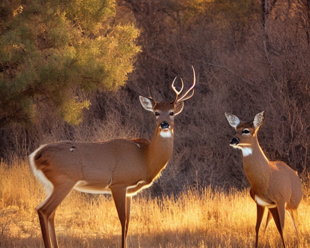 Male and female deer in golden light among dry grass at sunrise or sunset