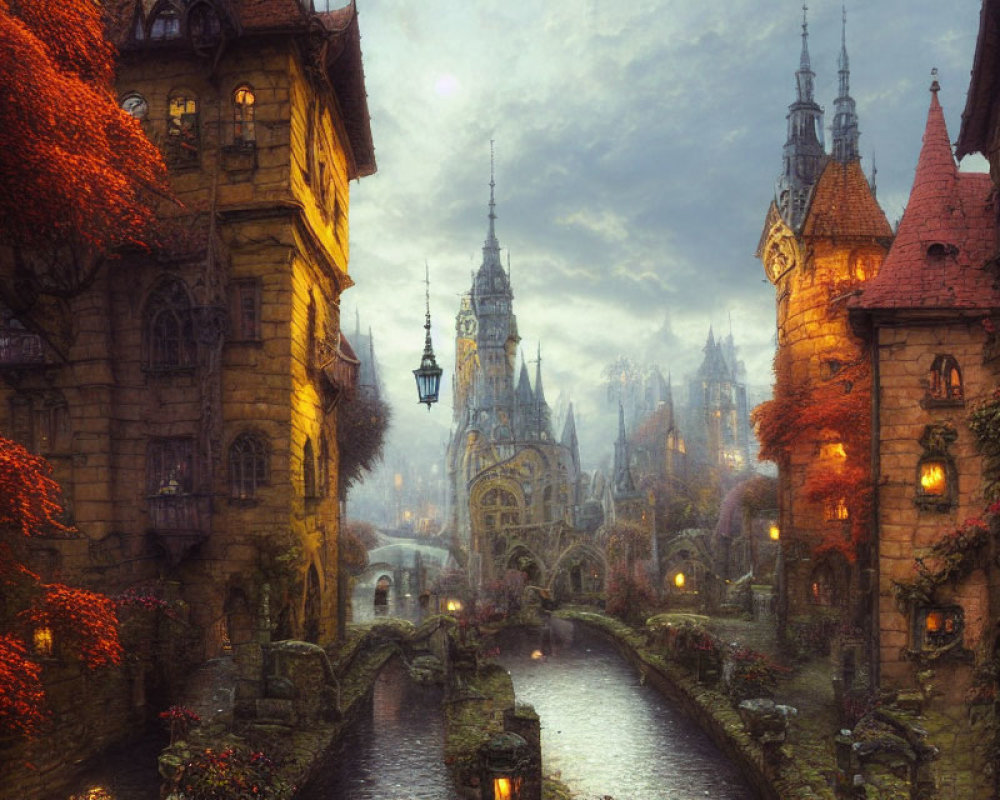 Medieval village with stone buildings, red ivy, canal, and glowing lanterns at twilight.