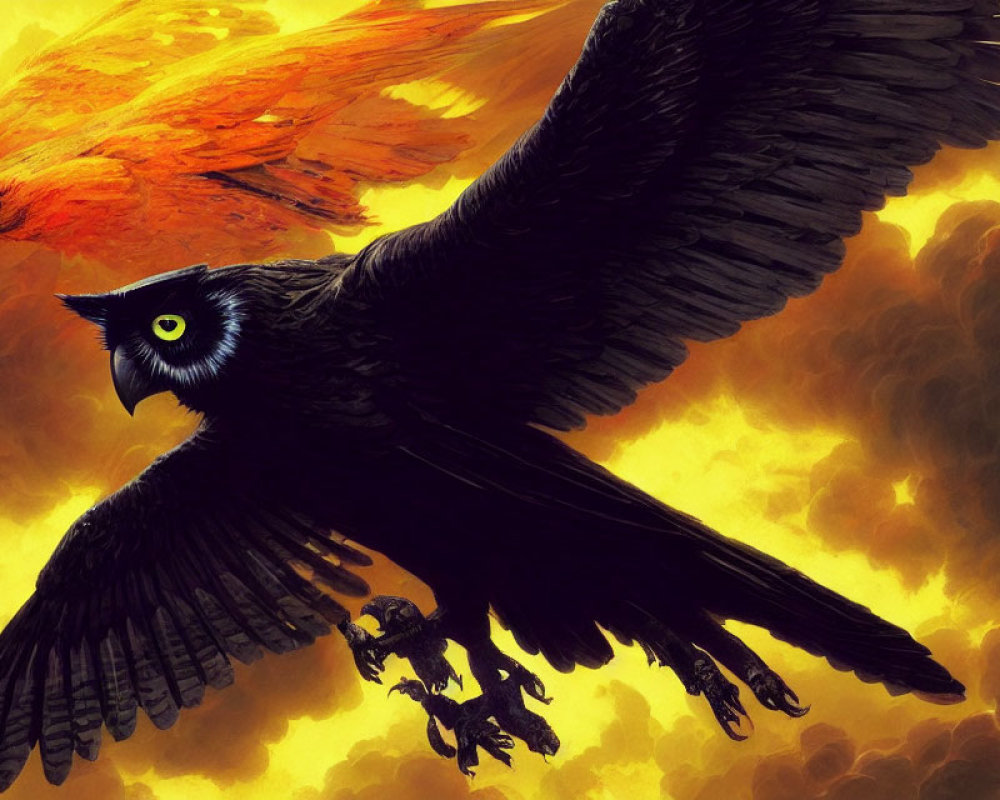Majestic black bird with yellow eyes in flight beside fiery orange bird