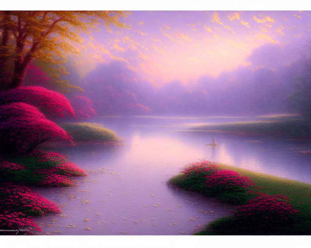Tranquil river with pink shrubs and purple sky at dawn or dusk